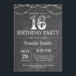 16th Birthday Invitation Chalkboard String Lights<br><div class="desc">16th Birthday Invitation with Chalkboard Black and White Background. String Lights. Kids Birthday. Boy or Girl Birthday. For further customisation,  please click the "Customise it" button and use our design tool to modify this template.</div>