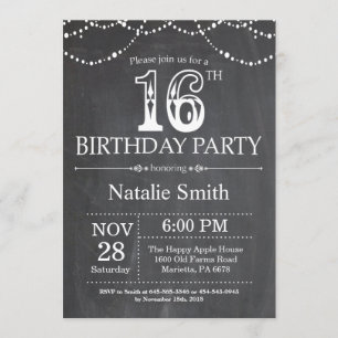 16th Birthday Invitation Chalkboard String Lights