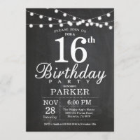 16th Birthday Invitation Chalkboard String Lights