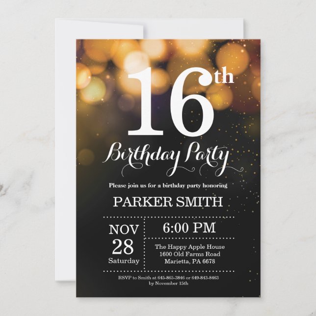 16th Birthday Invitation Gold Glitter (Front)