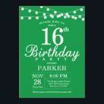 16th Birthday Invitation Green<br><div class="desc">16th Birthday Invitation with String Lights. Green Background. Kids Birthday. Boy or Girl Lady Elegant bday Invite. 13th 15th 16th 18th 20th 21st 30th 40th 50th 60th 70th 80th 90th 100th, Any age. For further customisation, please click the "Customise it" button and use our design tool to modify this template....</div>