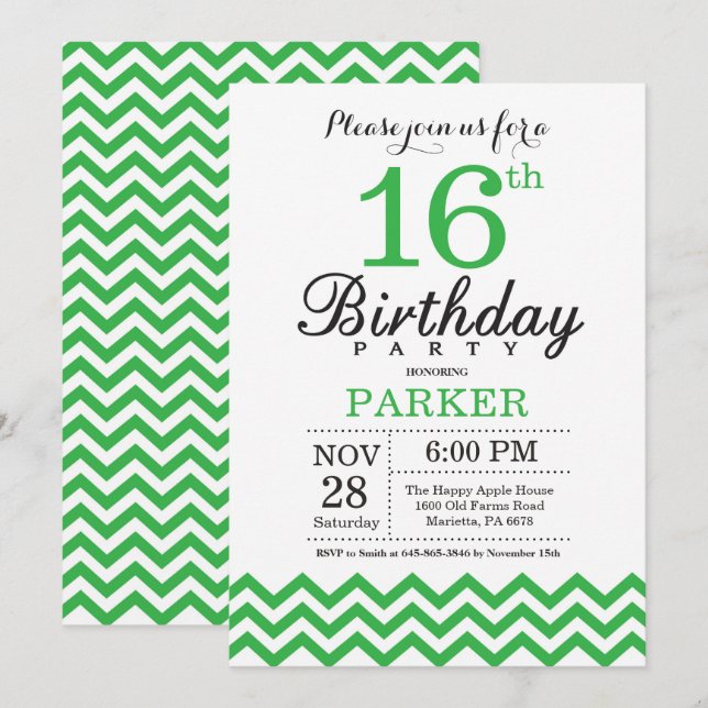 16th Birthday Invitation Green Chevron (Front/Back)