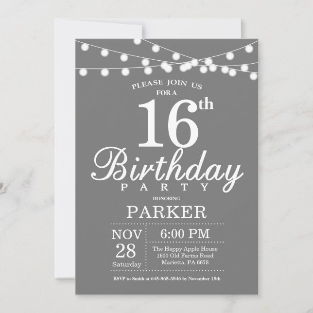 16th Birthday Invitation Grey and White (Front)