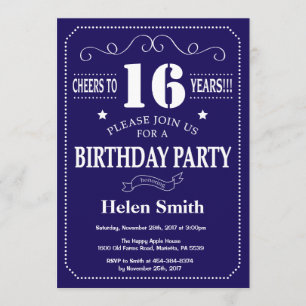 16th Birthday Invitation Navy Blue and White