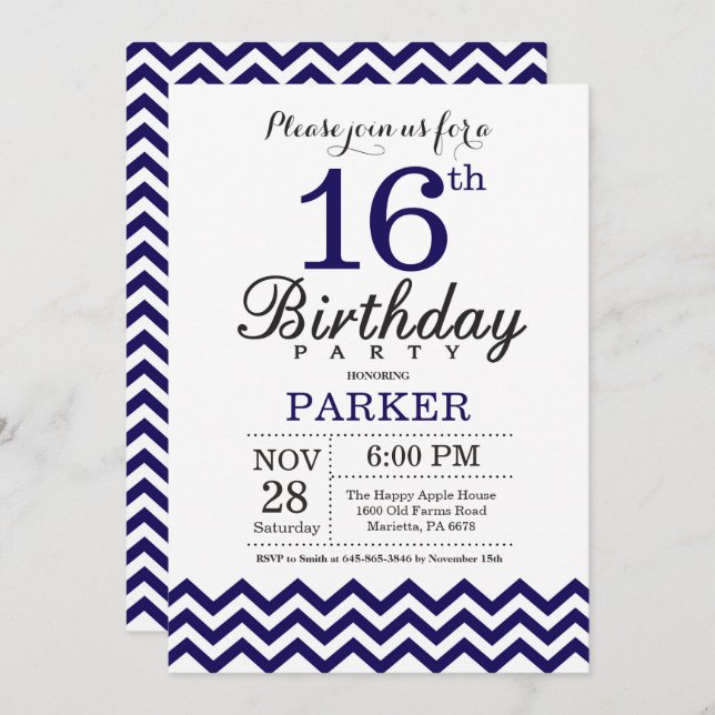 16th Birthday Invitation Navy Blue Chevron (Front/Back)