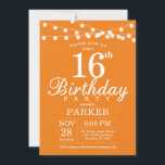 16th Birthday Invitation Orange<br><div class="desc">16th Birthday Invitation with String Lights. Orange Background. Kids Birthday. Boy or Girl Lady Elegant bday Invite. 13th 15th 16th 18th 20th 21st 30th 40th 50th 60th 70th 80th 90th 100th, Any age. For further customisation, please click the "Customise it" button and use our design tool to modify this template....</div>