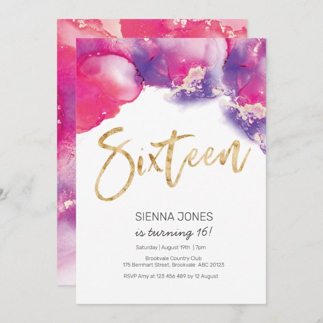 16th Birthday Invitation pink Abstract Watercolor (Front/Back)