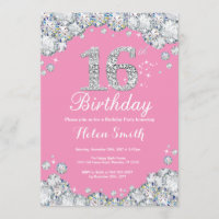 16th Birthday Invitation Pink and Silver Diamond
