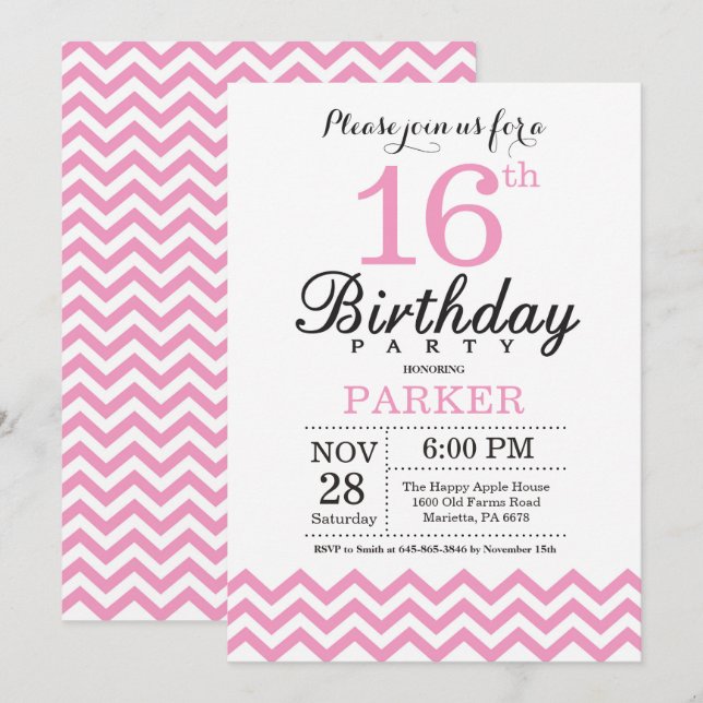 16th Birthday Invitation Pink Chevron (Front/Back)