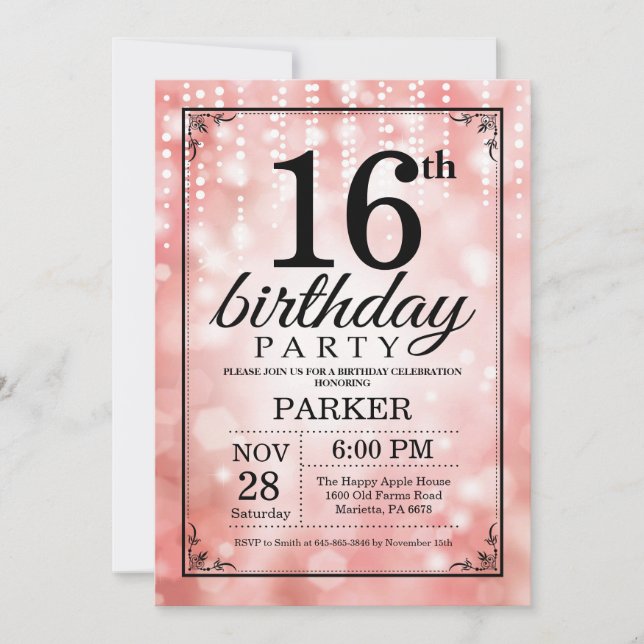 16th Birthday Invitation Pink Glitter (Front)