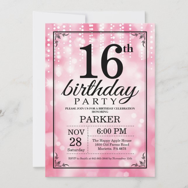 16th Birthday Invitation Pink Glitter (Front)