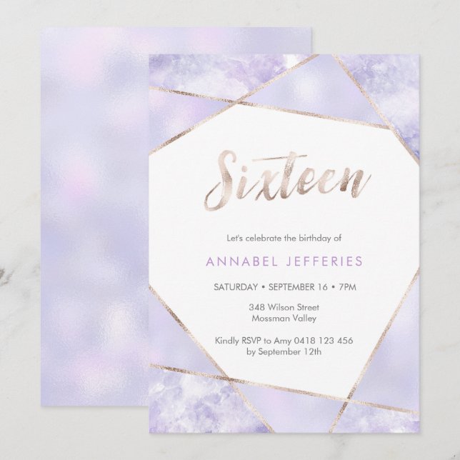 16th Birthday Invitation purple and gold (Front/Back)