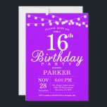 16th Birthday Invitation Purple Lavender Lilac<br><div class="desc">16th Birthday Invitation with String Lights. Purple Lavender Lilac Background. Kids Birthday. Girl Lady Elegant bday Invite. 13th 15th 16th 18th 20th 21st 30th 40th 50th 60th 70th 80th 90th 100th, Any age. For further customisation, please click the "Customise it" button and use our design tool to modify this template....</div>