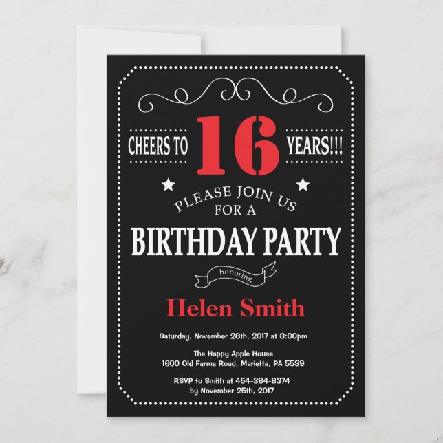 16th Birthday Invitation Red and Black Chalkboard (Front)
