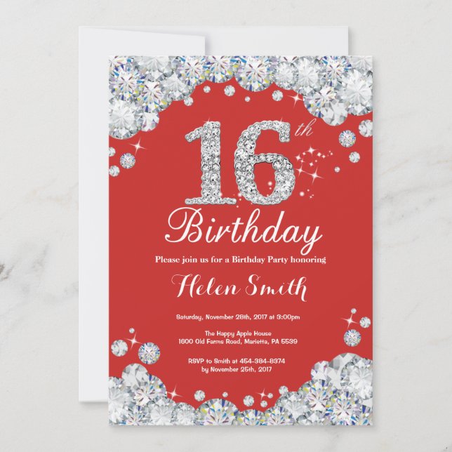 16th Birthday Invitation Red and Silver Diamond (Front)