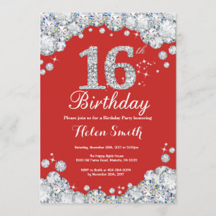 16th Birthday Invitation Red and Silver Diamond