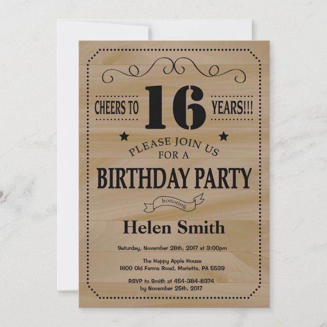 16th Birthday Invitation Rustic Wood (Front)