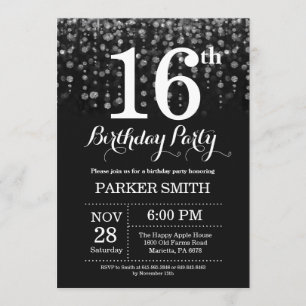 16th Birthday Invitation Silver Glitter