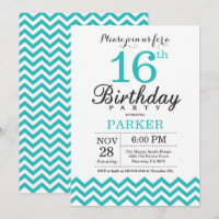 16th Birthday Invitation Teal Chevron