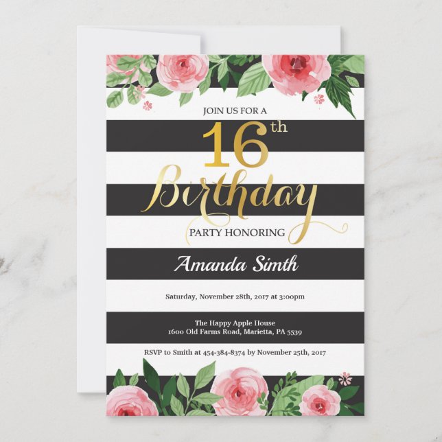 16th Birthday Invitation Teen. Floral Gold Black (Front)