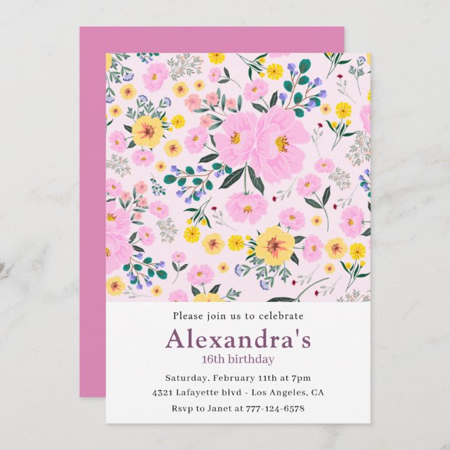16th birthday invitations Boho Floral Pink (Front/Back)