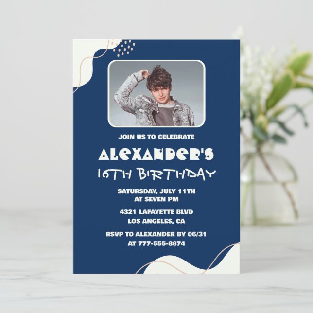 16th birthday invitations Men Photo Simple Navy  (Standing Front)
