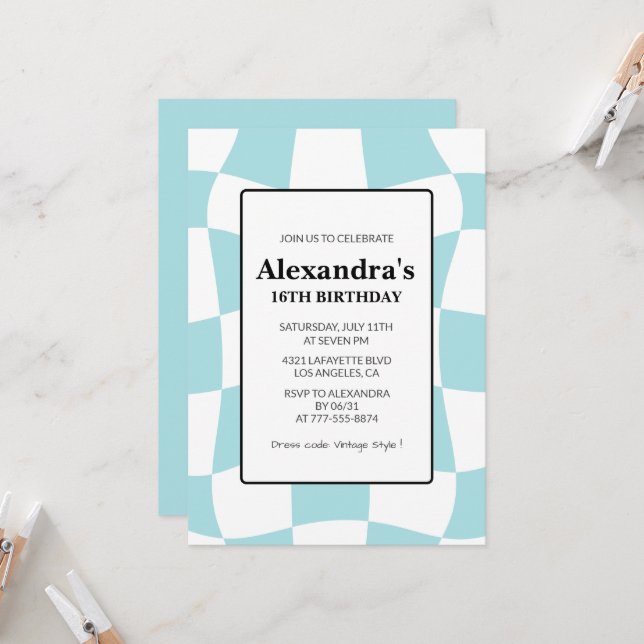 16th birthday invitations Retro Chequered Blue (Front/Back In Situ)