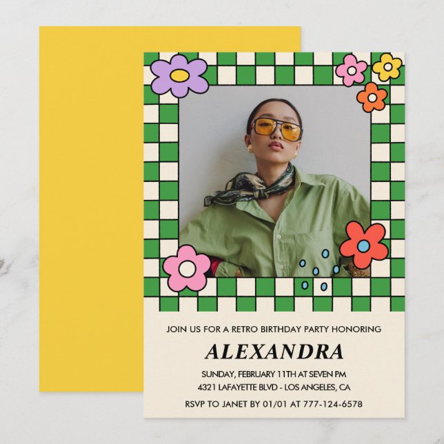 16th birthday invitations Retro Groovy Flowers (Front/Back)