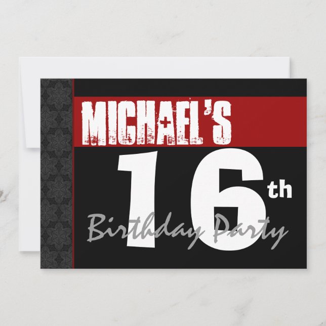 16th Birthday Modern Red Black White Stars v03 Invitation (Front)