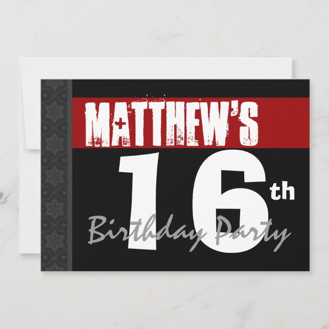 16th Birthday Modern Red Black White Stars v06 Invitation (Front)
