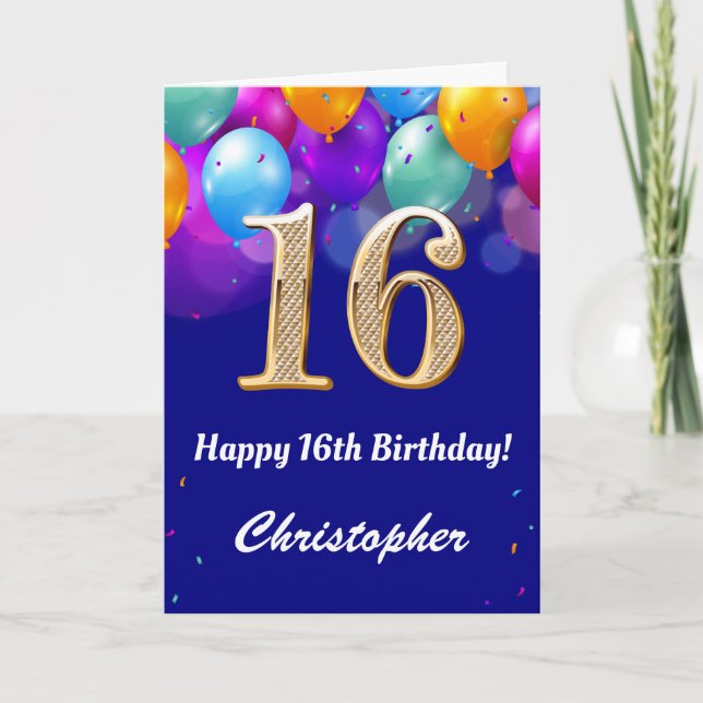 16th Birthday Navy Blue and Gold Colourful Balloon Card (Front)