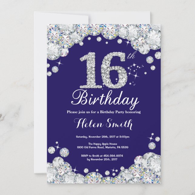 16th Birthday Navy Blue and Silver Diamond Invitation (Front)
