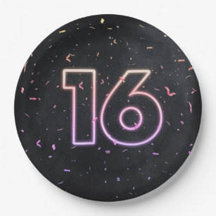 16th Birthday Neon Sign On Black Paper Plate