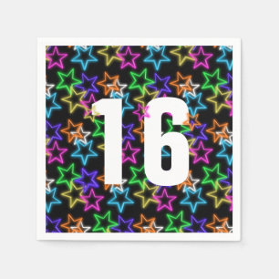 16th Birthday Neon Stars On Black Napkin