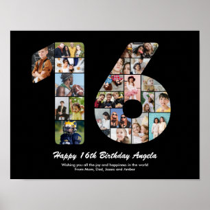 16th Birthday Number 16 Custom Photo Collage Poster