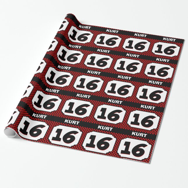 16th Birthday Ornate Frame for Him RED CHECKS V12 Wrapping Paper (Unrolled)