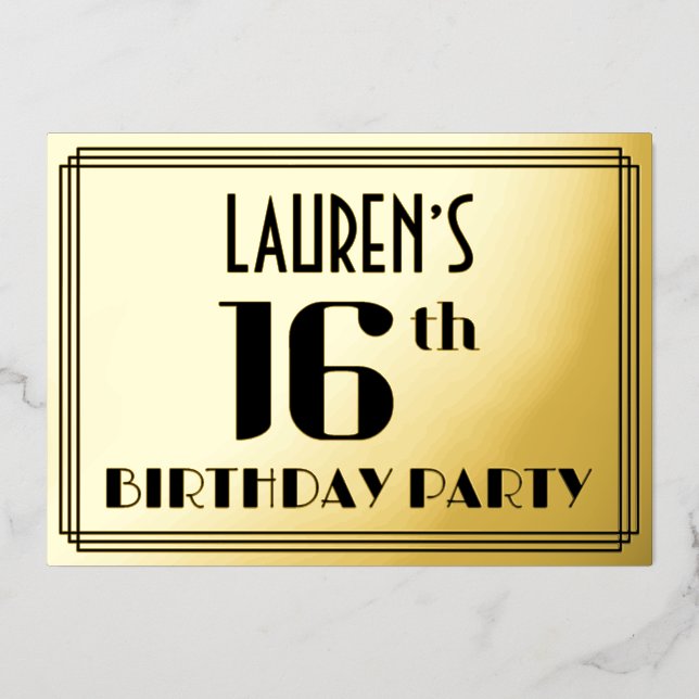 16th Birthday Party: Art Deco Look “16” and Name (Front)