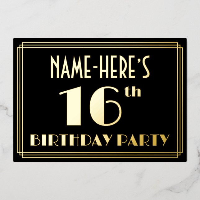 16th Birthday Party: Art Deco Look “16”, w/ Name (Front)