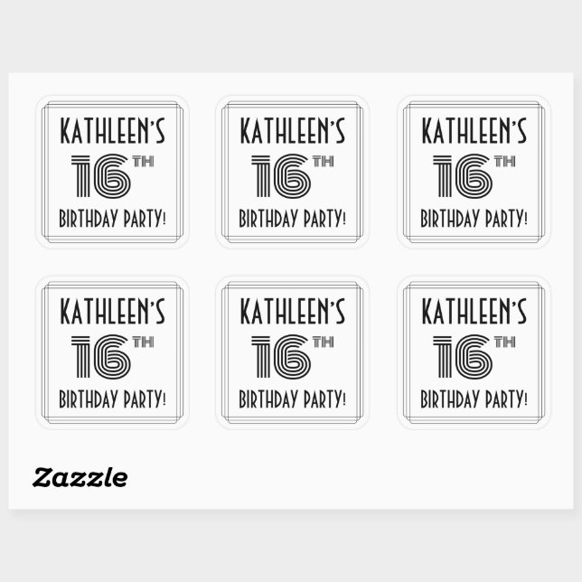 16th Birthday Party: Art Deco Style + Custom Name Square Sticker (Sheet)