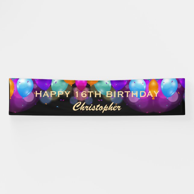16th Birthday Party Black and Gold Balloons Banner (Horizontal)