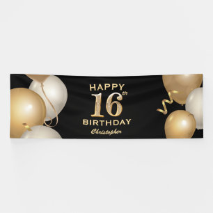 16th Birthday Party Black and Gold Balloons Banner