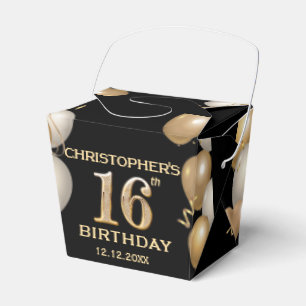 16th Birthday Party Black and Gold Balloons Favour Box