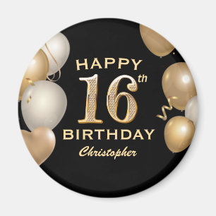 16th Birthday Party Black and Gold Balloons Magnet