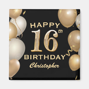 16th Birthday Party Black and Gold Balloons Magnet