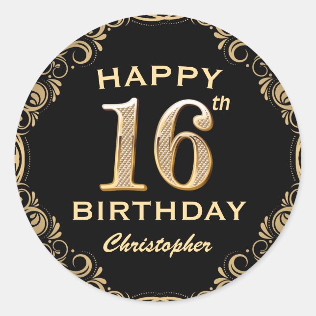 16th Birthday Party Black and Gold Glitter Frame Classic Round Sticker (Front)