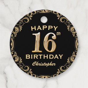 16th Birthday Party Black and Gold Glitter Frame Favour Tags