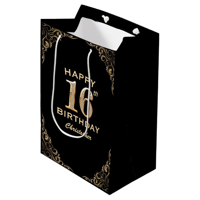 16th Birthday Party Black and Gold Glitter Frame Medium Gift Bag (Front Angled)