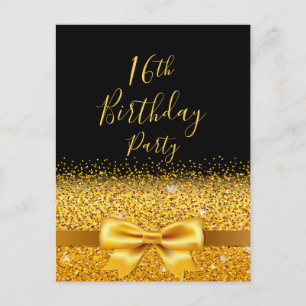 16th birthday party black girlygold bow invitation postcard