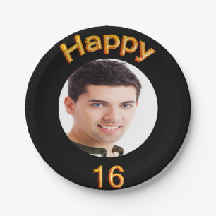 16th birthday party black gold photo paper plate