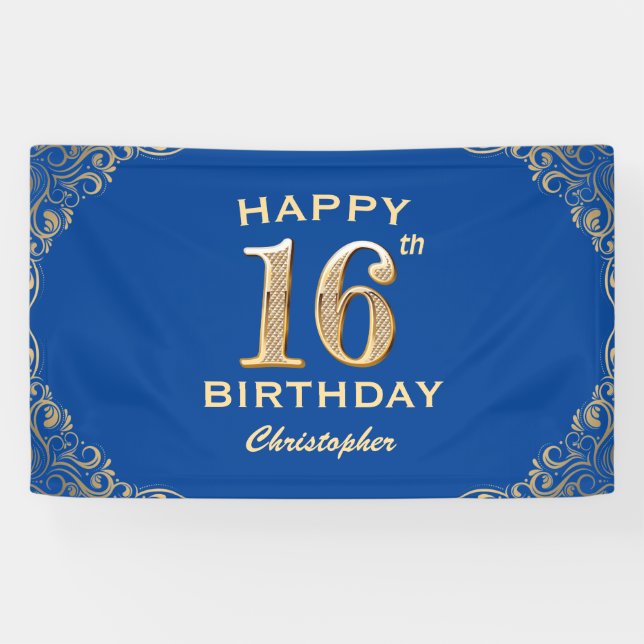 16th Birthday Party Blue and Gold Glitter Frame Banner (Horizontal)